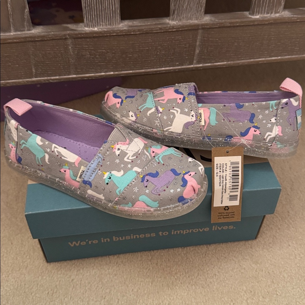 👣TOM'S 💜Alpargata Unicorn and Stars Light Grey Espadrilles Girls Youth